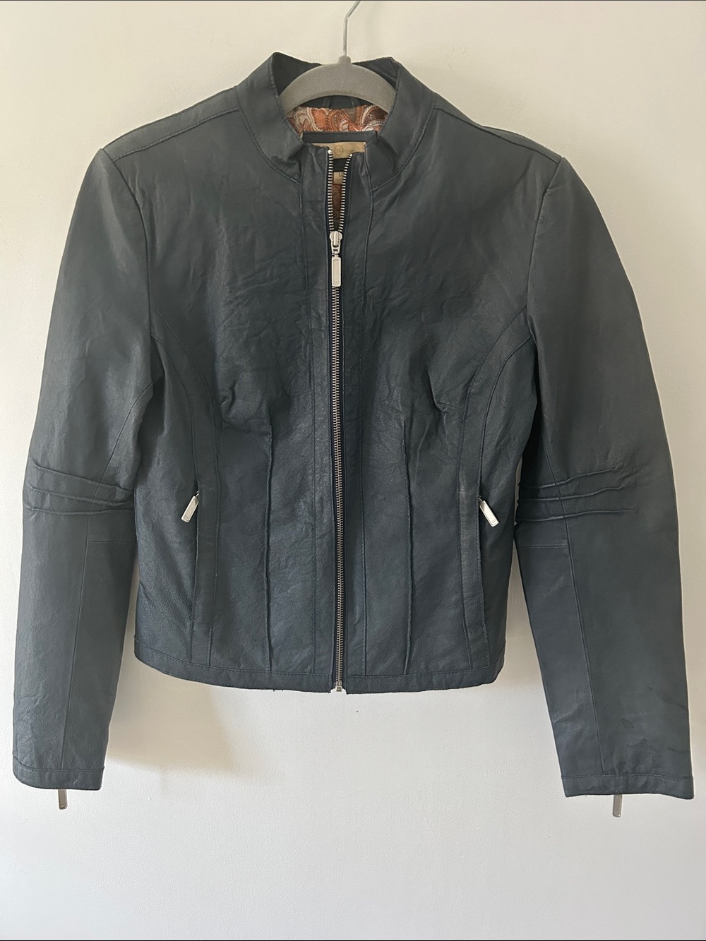 Vintage Wilsons Leather Moto Leather Jacket Blue Y2K Paisley Lined Biker Coat M